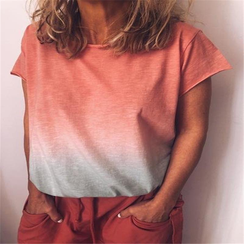 Women's Summer Rainbow Gradient Printed Round Neck Short Sleeve Loose T-shirt
