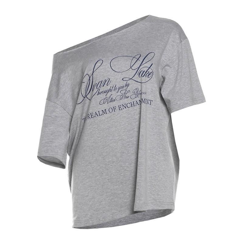 Womens Streetwear Letter Print Off Shoulder Short Sleeve Loose Fit T-Shirt Casual Top