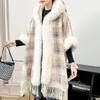 Cloak Shawl Wool Jacket Women'S Winter Hooded Medium Long Fleece Thickened Versatile Plaid Fringed Cloak Coat