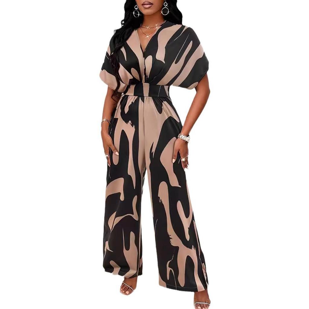 Spring/Summer Women's All-over Print Batwing Sleeve Wide-Leg Jumpsuit