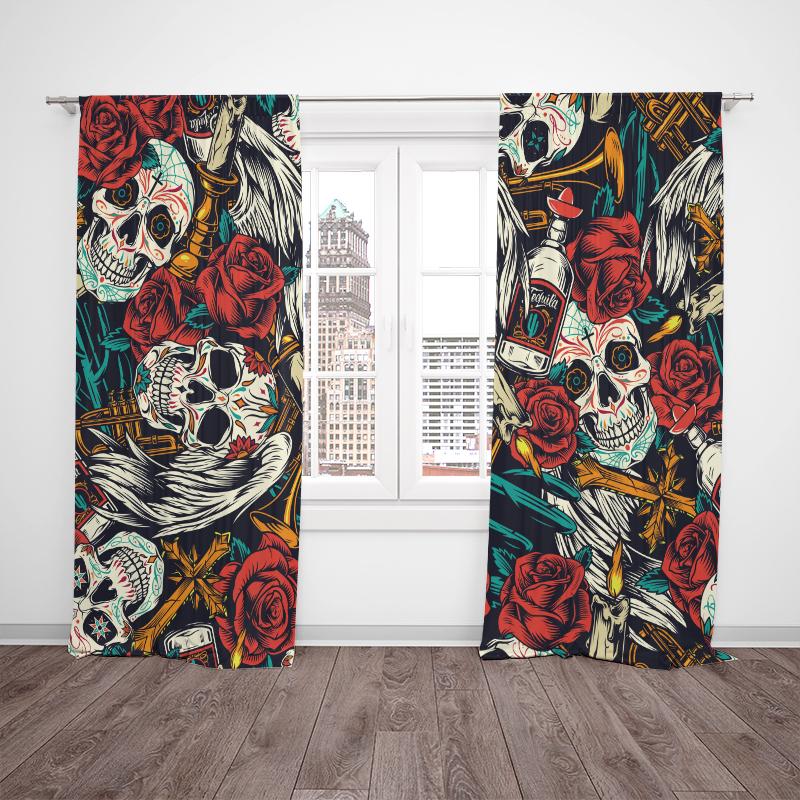 Set Of 2 Skull Rose Printed Curtain Polyester Suitable Home Decor Rod Not Included Made