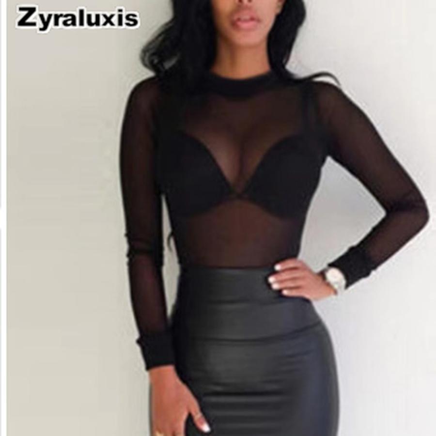 Women s Solid Mesh Sheer Sexy Bodycon Cami Long Sleeve Underwear Top S