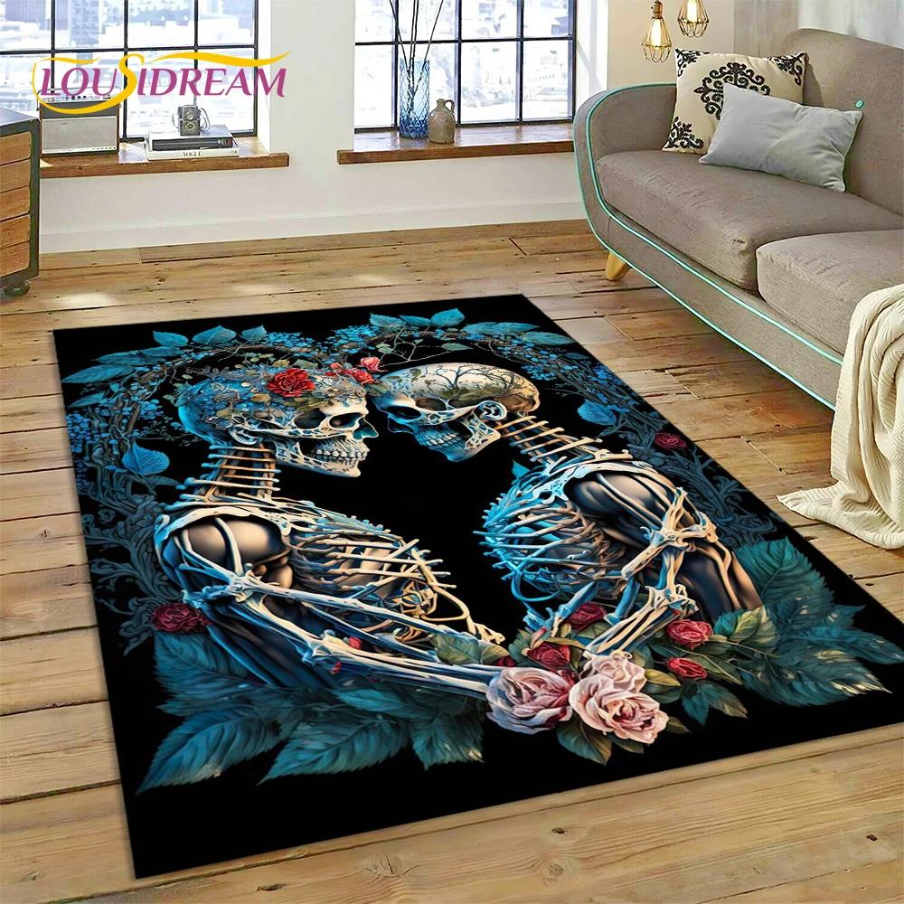 Cartoon Horrible Gothic Skull Flowers Carpet Rug for Home Living Room Bedroom Sofa Doormat Decor,Kid Area Rug Non-slip Floor Mat