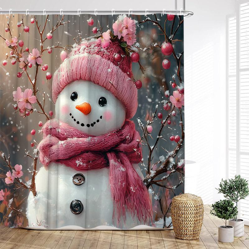 Cute Christmas Snowman Shower Curtain Winter Forest Xmas House Cedar New Year Home Bathroom Decoration Bath Curtains With Hooks