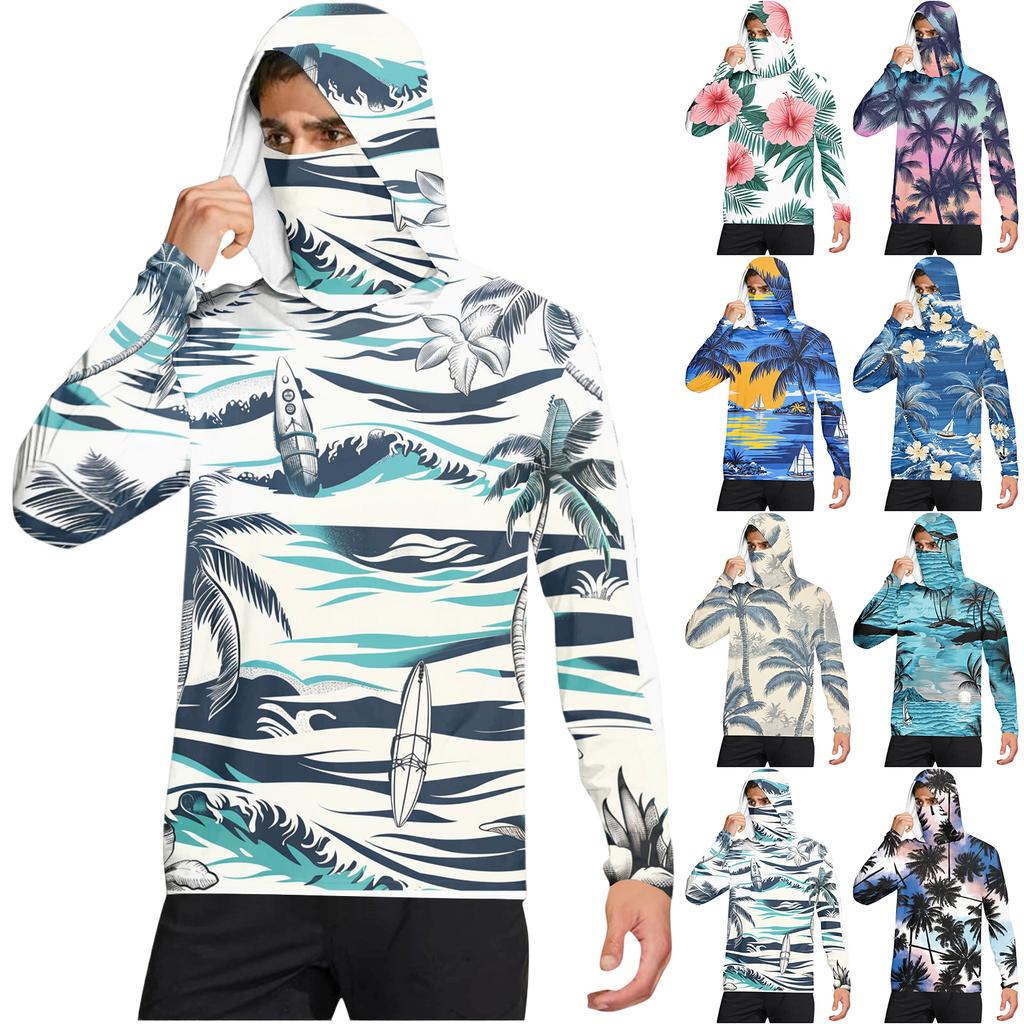 Men's Casual Hawaiian Print Hooded Long Sleeve Sun Protection Shirt Lightweight Breathable UV Protective Top for Outdoor Activities
