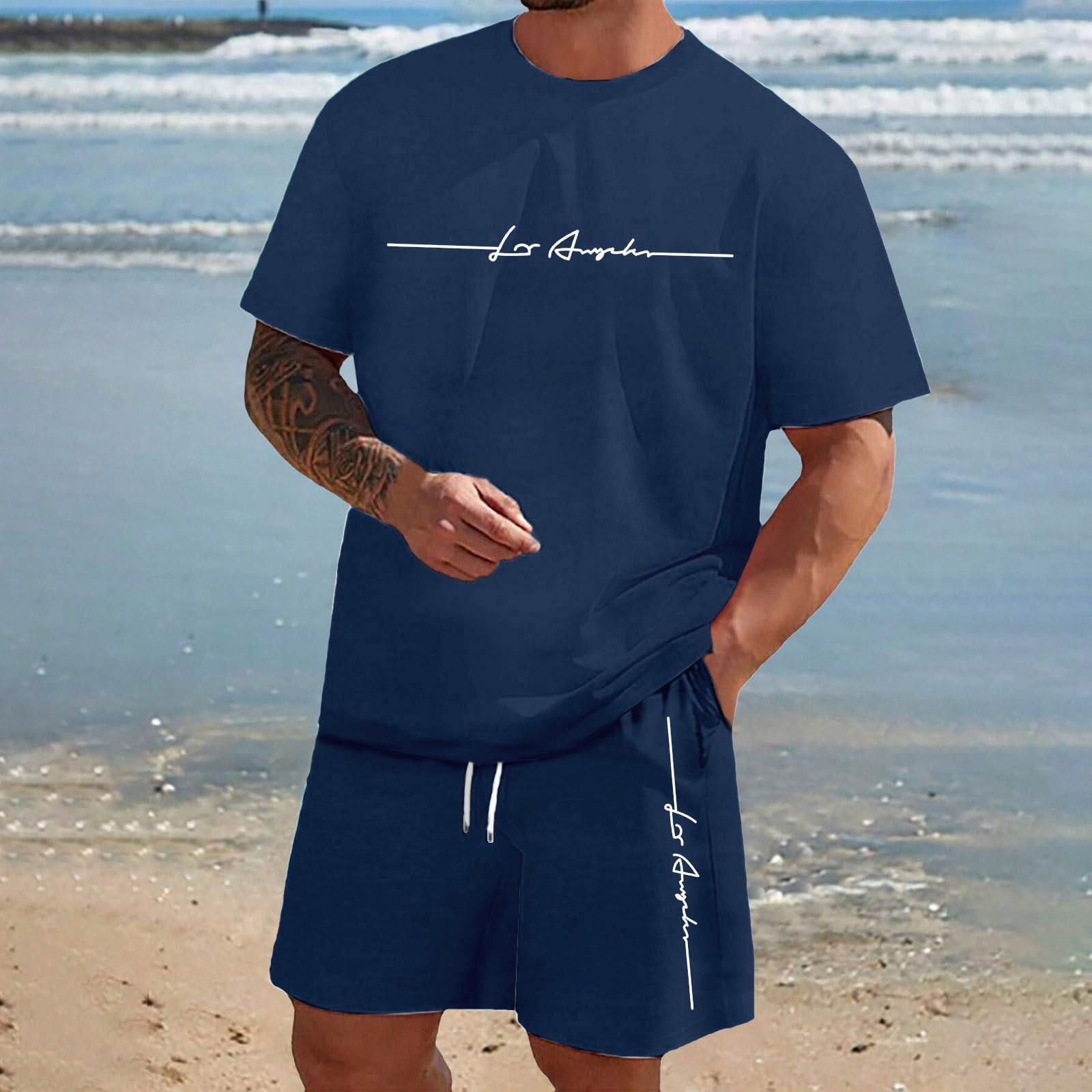 

Men Short Sleeve T Shirt and Shorts Two Piece Set Casual Loose Fit Summer Outfit with Los Angeles Letter Print Design M