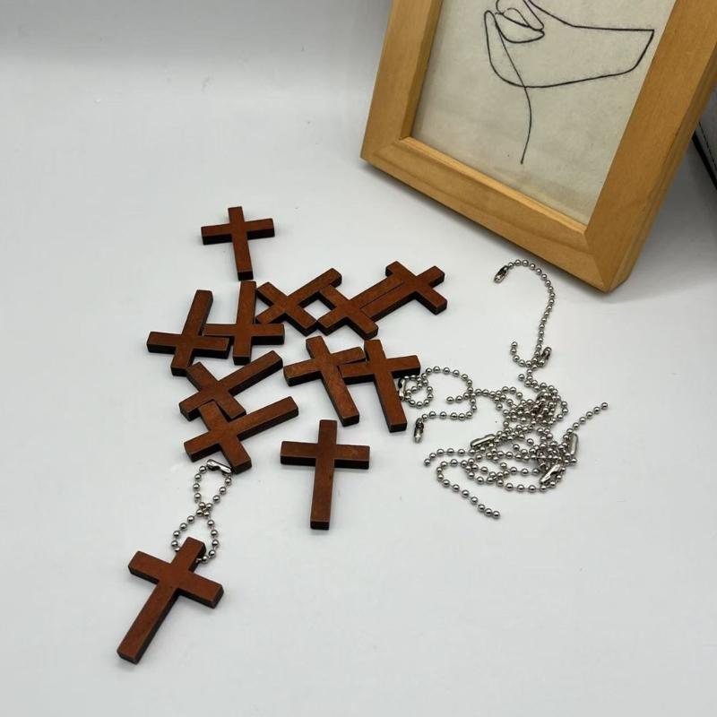 100Pcs Mini Wooden Crucifix Pendant With Beaded Chain For Keychain or Bag Charm Natural Wooden Jewelry Accessory