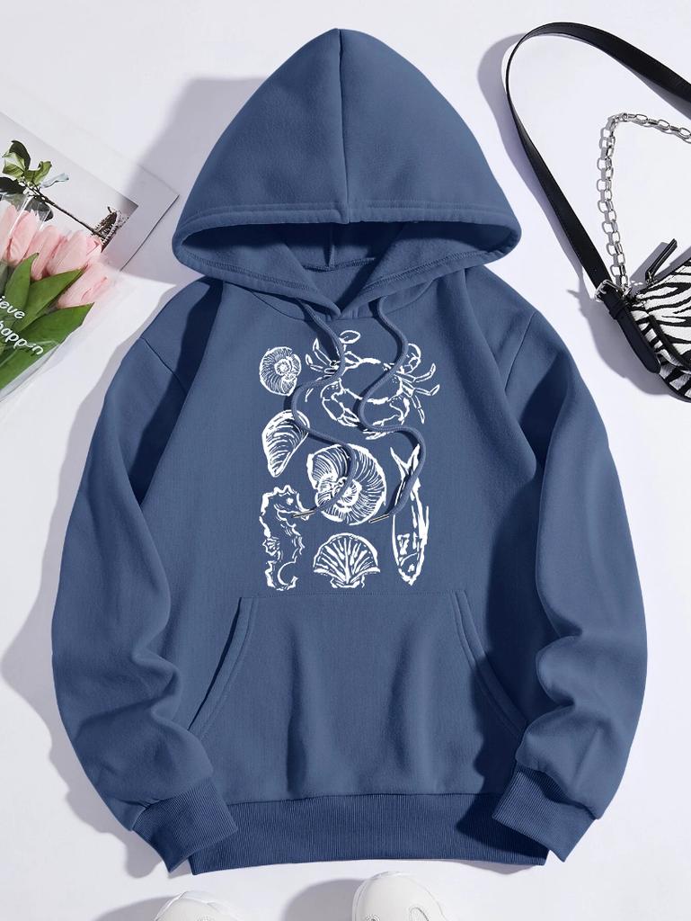 Ocean Fauna Fish Conch Design Women Hoody Loose Fleece Hoodie Autumn Y2K Pocket Hoodies Multicolor Soft Woman Streetwear
