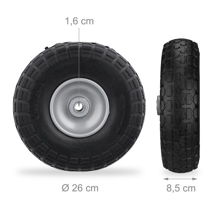 Relaxdays Roue de diable Set de 2, caoutchouc 260x85 mm, increvables, 16 mm, 4.1/3.5-4 essieu, jusqu'à 150kg, noir-gris