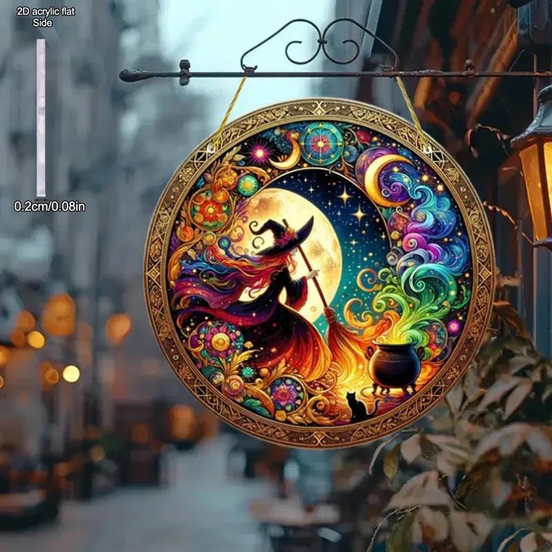 1pc Halloween Witch Stain Art Window Hanging Suncatcher Plaque Acrylic Round Wreath Decoration Indoor Outdoor Window Decora