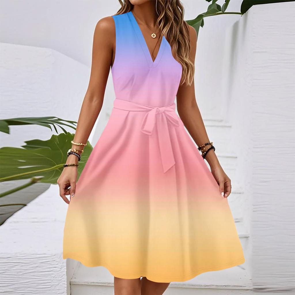 Women's Spring And Summer Casual V-Neck Sleeveless Waist Gradient Printed Midi Dress