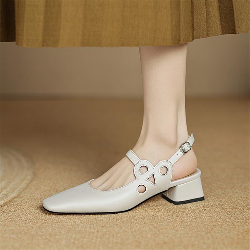 Fashion New Summer Sandals Cover Toe Sandals for Women Split Leather Sandals Fashion Hollow Out Square Toe Chunky Heels Women Shoes