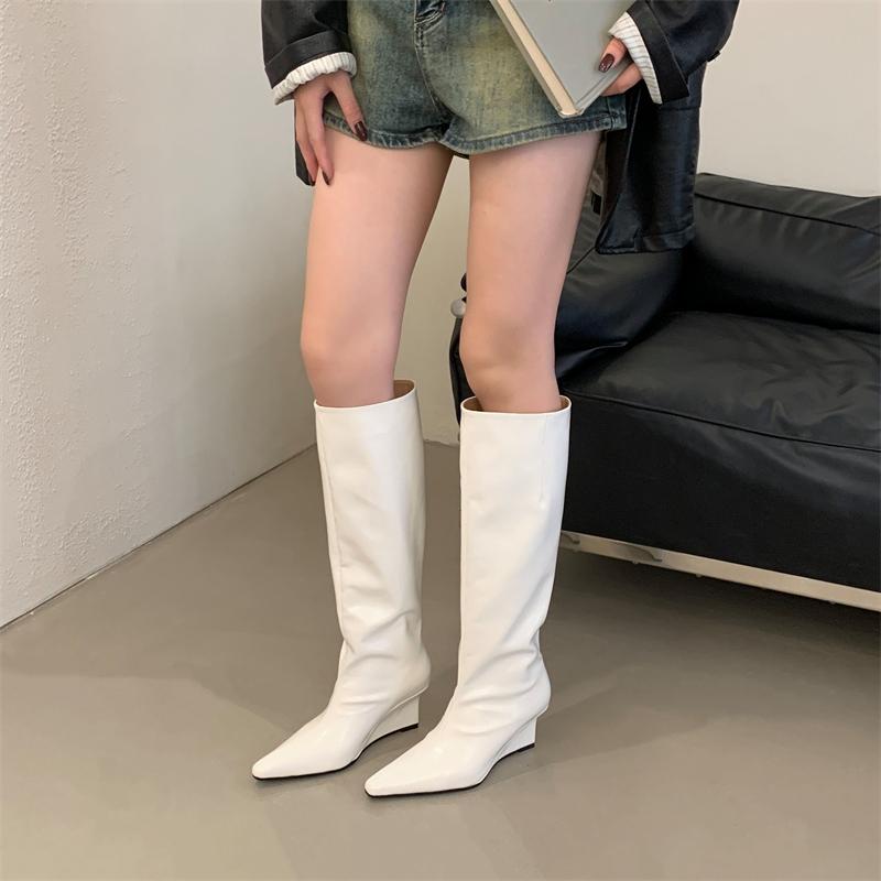 Eilyken Autumn Winter Design Pointed Toe Women Knee High Boots Ladies Shoes Wedges Heels Modern Long Booties Largas Mujer