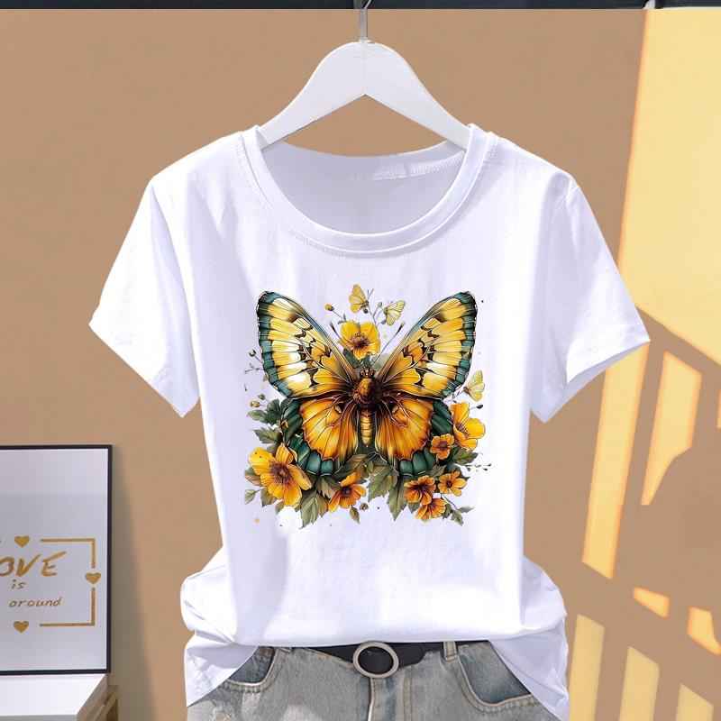 (Asian Size) lovely flower cute Print O-neck Short Sleeve T-shirts Fashion Female Casual Women's Top T Clothing Graphic Tee