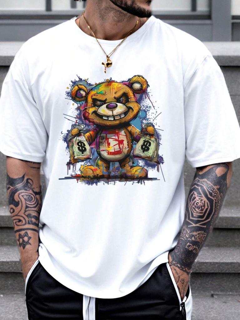 Men's 100% Cotton Summer Loose Size Cartoon Bear Pattern Printed Slim Fit Casual Sports Round Neck Short Sleeved T-shirt Top