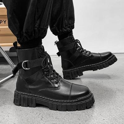 High -Top Motorcycle Tooling Boots Mid -Top Leather Boots Winter Plus Velvet Autumn Shoes Solid Color Men Waterproof British Style