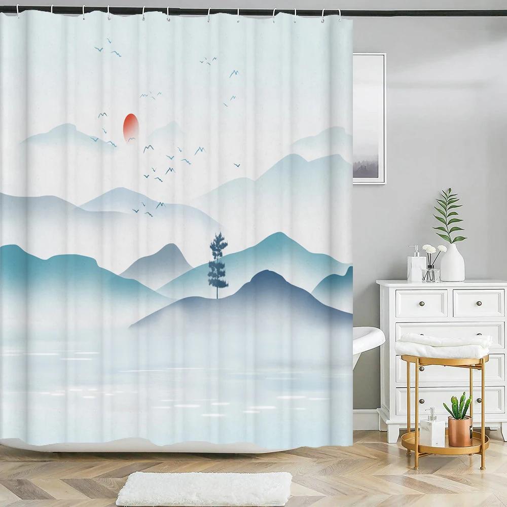 Chinese ink landscape style shower curtain scenic pattern Waterproof Fabric bath curtain washable Bathroom curtains Multi Size