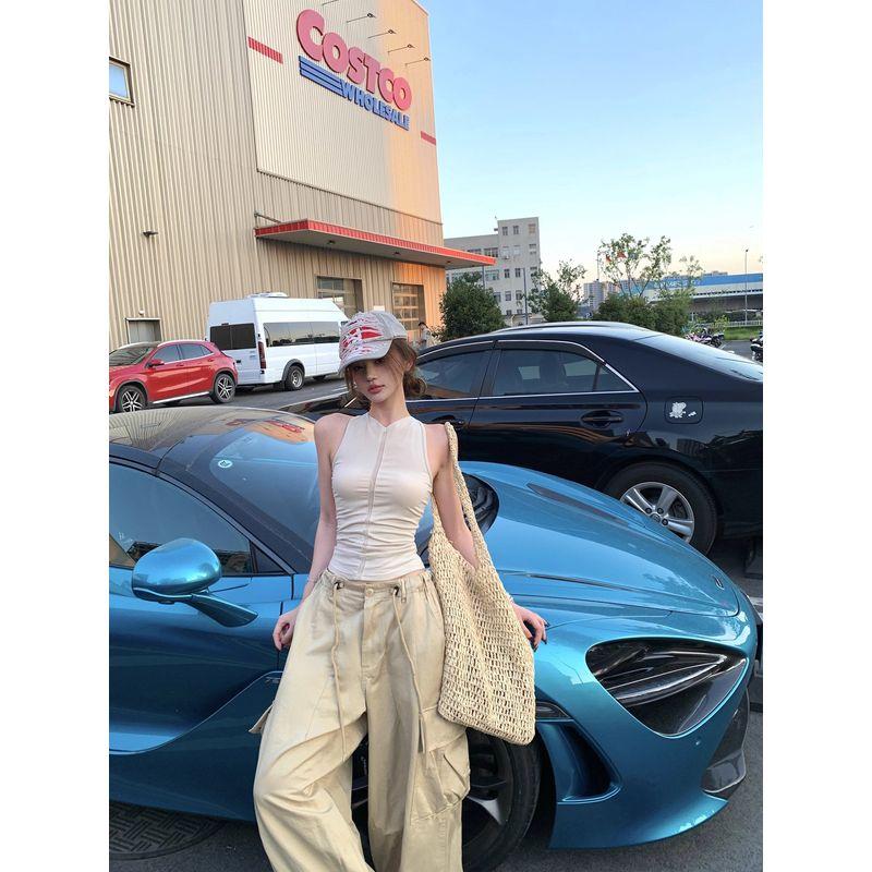 Kumikumi Stylish Pure Color Ruched Sleeveless Vest Tops Women's Summer Slimming Casual Pants Pants Two-piece Set