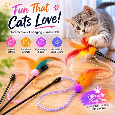 Interaktives Katzen-Regenbogen-Angelspielzeug für Wohnungskatzen und Kätzchen, Buntes Katzen-Reizangel-Schnur-Plüschtier Katzen-Feder-Spielzeug