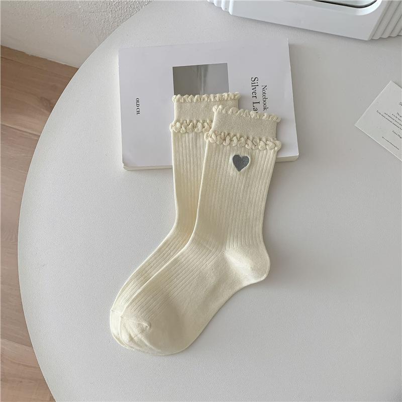 Female Summer Thin Ballet Style Love Embroidery Cylinder Stack Socks