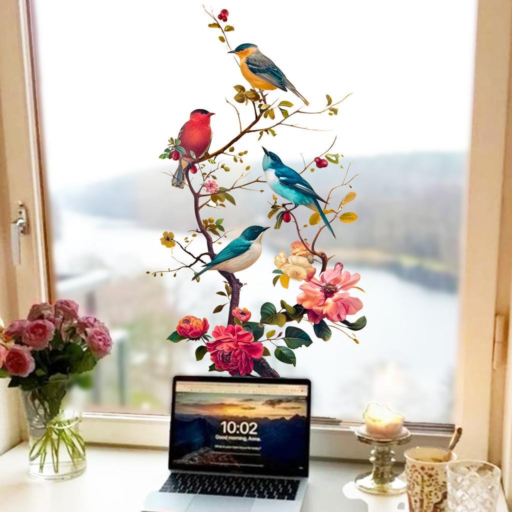 Blumen Vogel auf Ast Statisch Haftend Fensteraufkleber Selbstklebend Abnehmbar Schlafzimmer Wohnzimmer Balkon Glastür Heimdeko Kunst