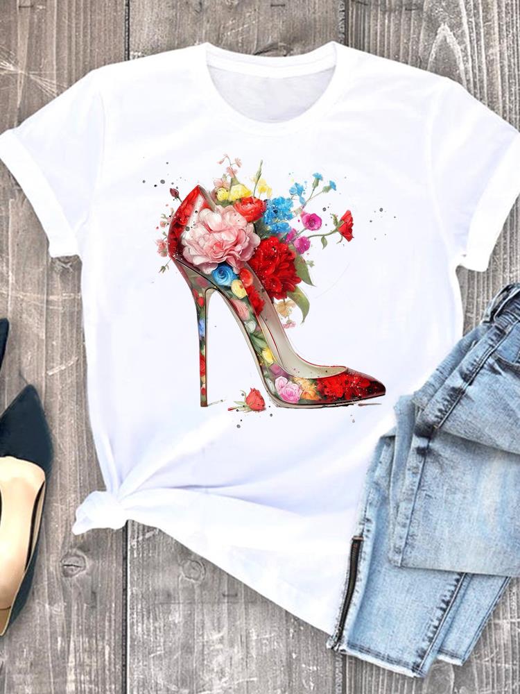 (Asian Size) flower sweet 90s  Short Sleeve T-shirts Lady Female Top Printed Fashion Clothing Women Graphic Casual T Shirt Tee