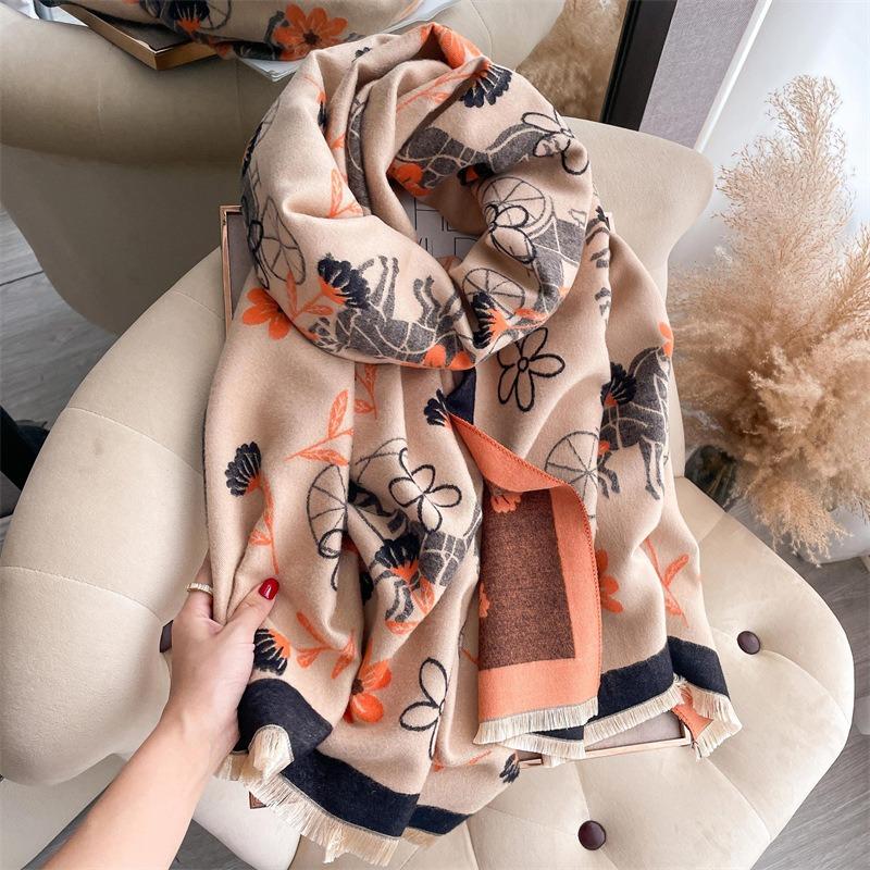 Pink girl's small flower imitation cashmere scarf women's thickened warm scarf shawl with decorative scarf