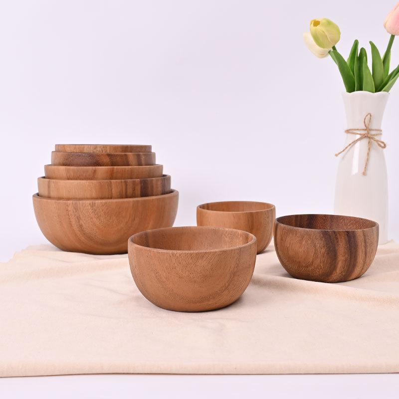 Wooden Round Retro Style Wooden Bowl Japanese Salad Bowl Solid Wood Soup Bowl