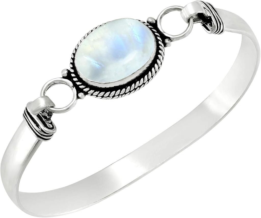 Vintage Silver Natural Oval Moonstone Bangle 7.5 inches Handmade Bangle Fine Jewelry Valentines Gift for Girlfriend Women