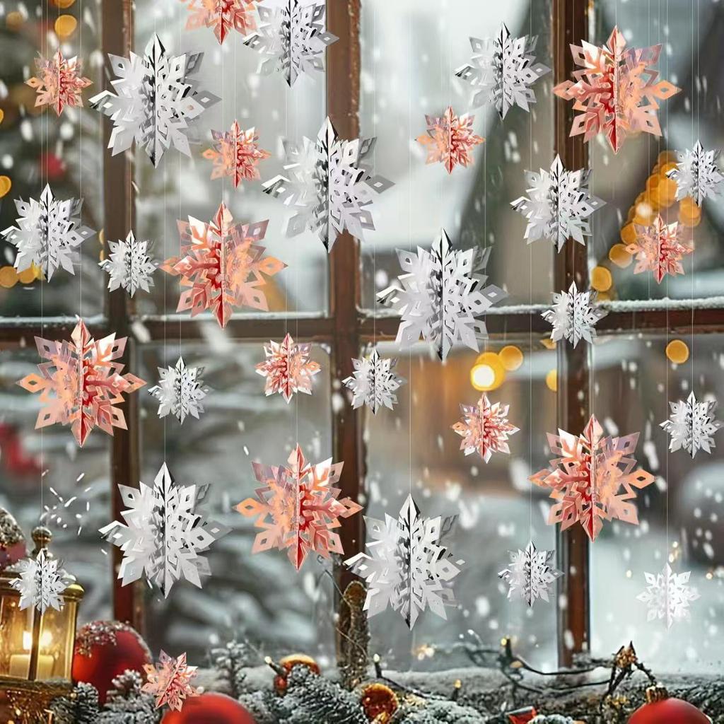 Set of Six 3D Paper Snowflake Hanging Decorations for Store Windows