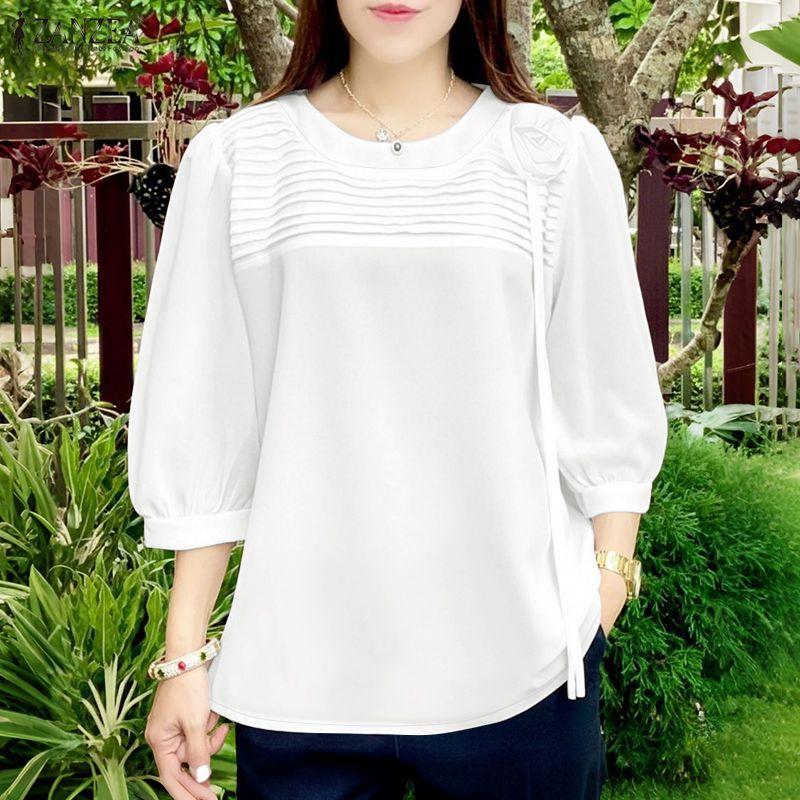 ZANZEA Dámska ležérna blúzka s okrúhlym výstrihom, jednofarebná, s polovičným rukávom