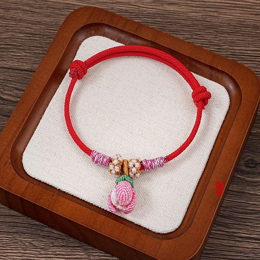 Peach Wood Red Rope Bracelet - Unisex Protective Benmingnian Handwoven Ethnic Style