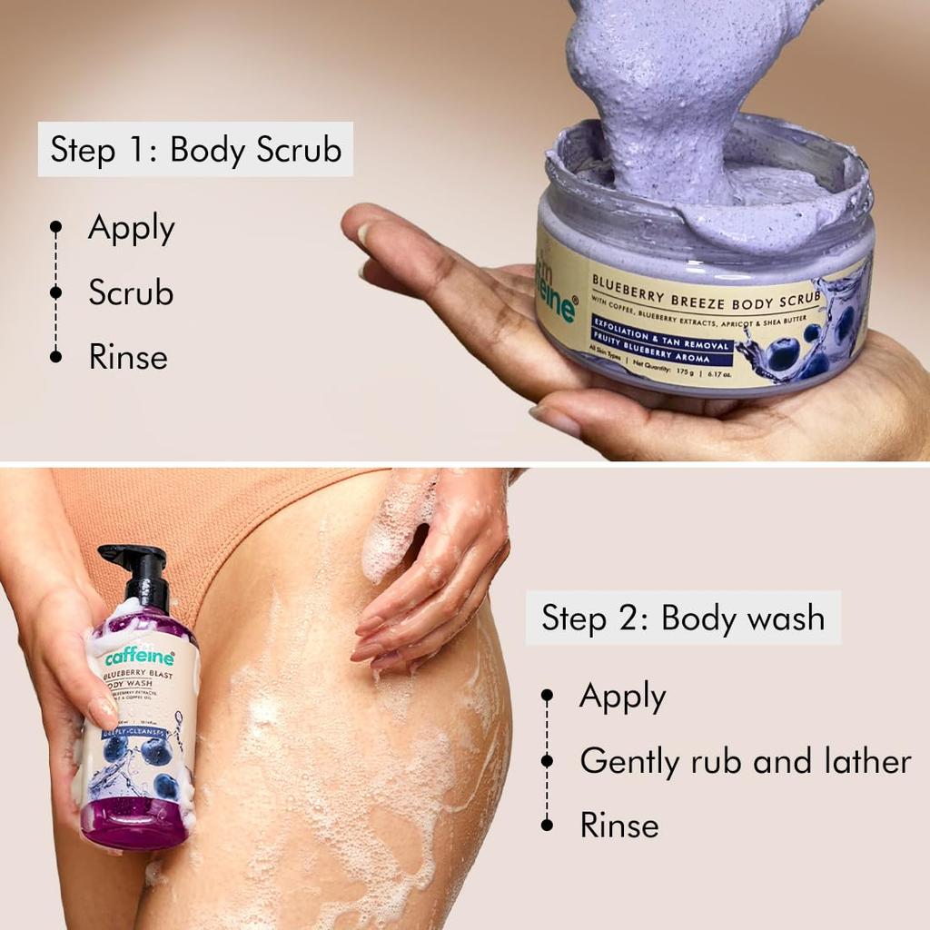 mCaffeine Blueberry Blast Detan & Cleanse Duo for Glowing Skin | Body Wash 300ml & Scrub 175g
