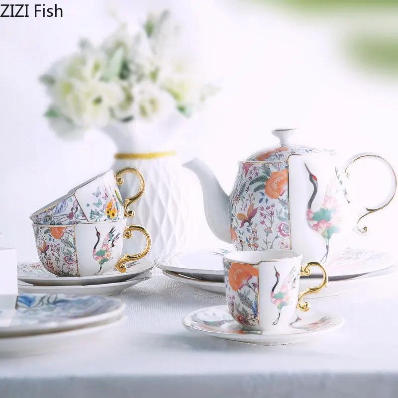 Fairy Crane Flower Pattern Ceramic Teapot Set Teacup Saucer Painted Gold-plated Coffee Cup Afternoon Tea Milk Fruit Juice Mugs