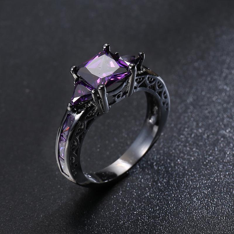 Classical Hollow Princess Cut Purple CZ Stone Wedding Ring 10KT Black Gold Color CZ Women Vintage Engagement Rings