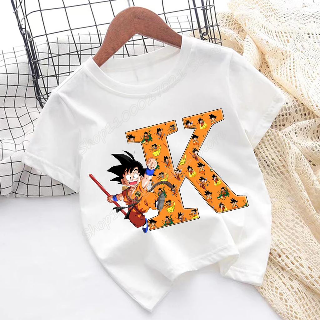 Dragon Ball Goku T-shirt Children A-Z Letter Tee Top Cartoon Summer Fashion White Short Sleeve Clothing Kids Casual Clothes Gift