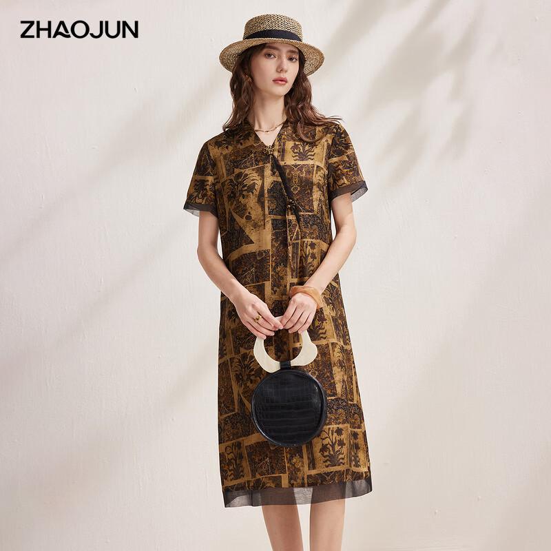 Zhaojun Women s Printed Silk Patchwork Bubble Crepe Short Sleeve Midi Dress M чёрный