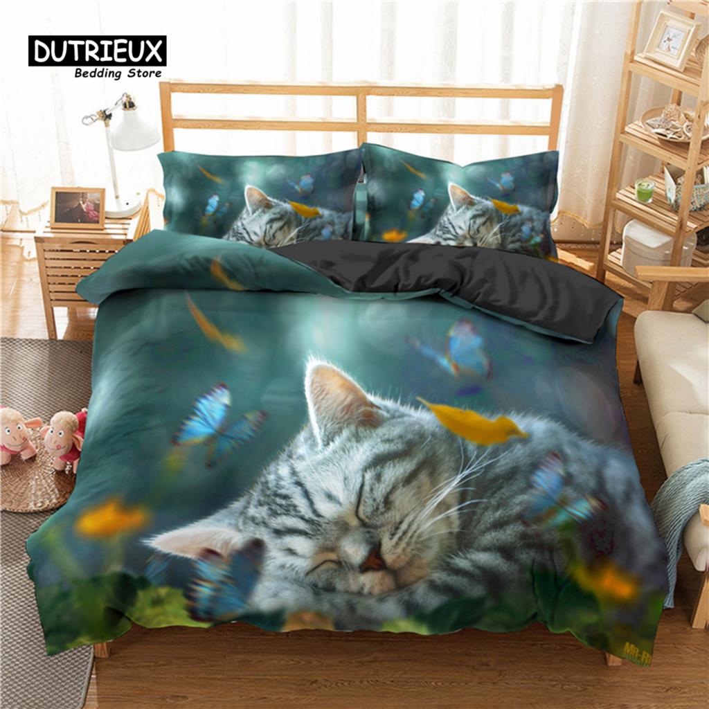 Colorful Cat Bedding Set For Kids Girls Boys 2/3pcs Cute Cat Duvet Cover Set King Microfiber Animal Comforter Cover Pillowcases
