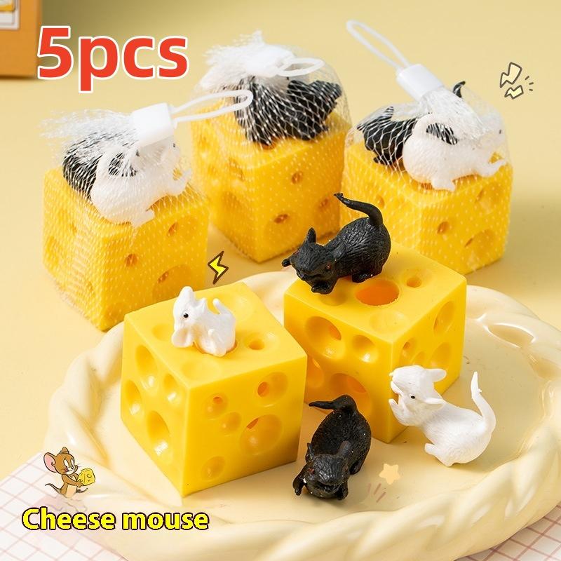 3pcs Mouse Drill Cheese Finger Anti Pressure Toy Elastic Stretch Mouse Hidden In Cheese Hole Block Stress Relieving Latex Toy
