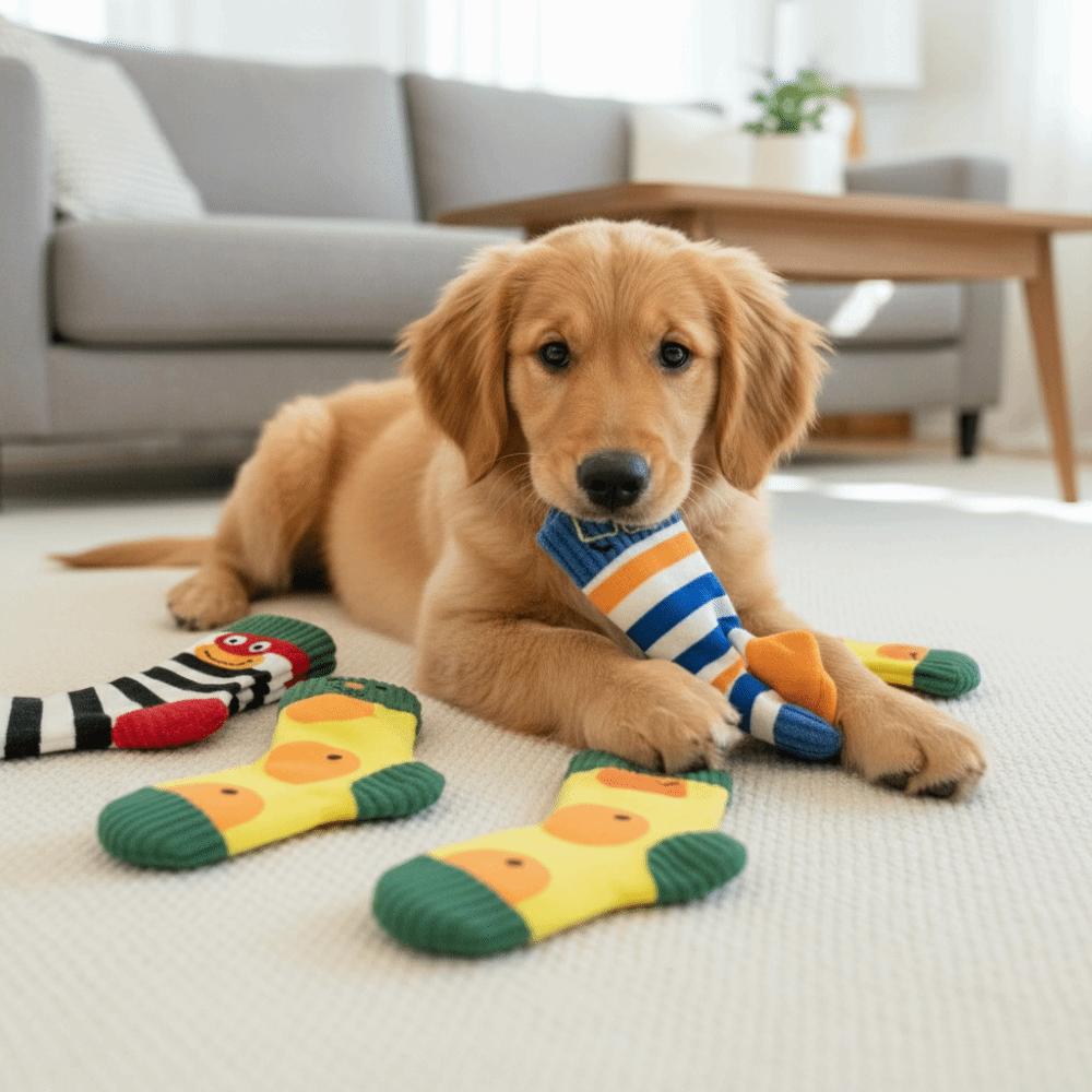 Bite-Resistant Dog Food Leakage Socks Squeaker Cartoon Dog Sound Making Socks Colorful Dog Treat Dispenser Training