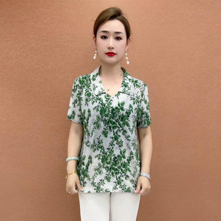 

Women s Slimming Fashion Lapel T-Shirt - Loose Plus Size, Short-Sleeve, Summer Print for Middle-Aged & Elderly. XL зелений/білий