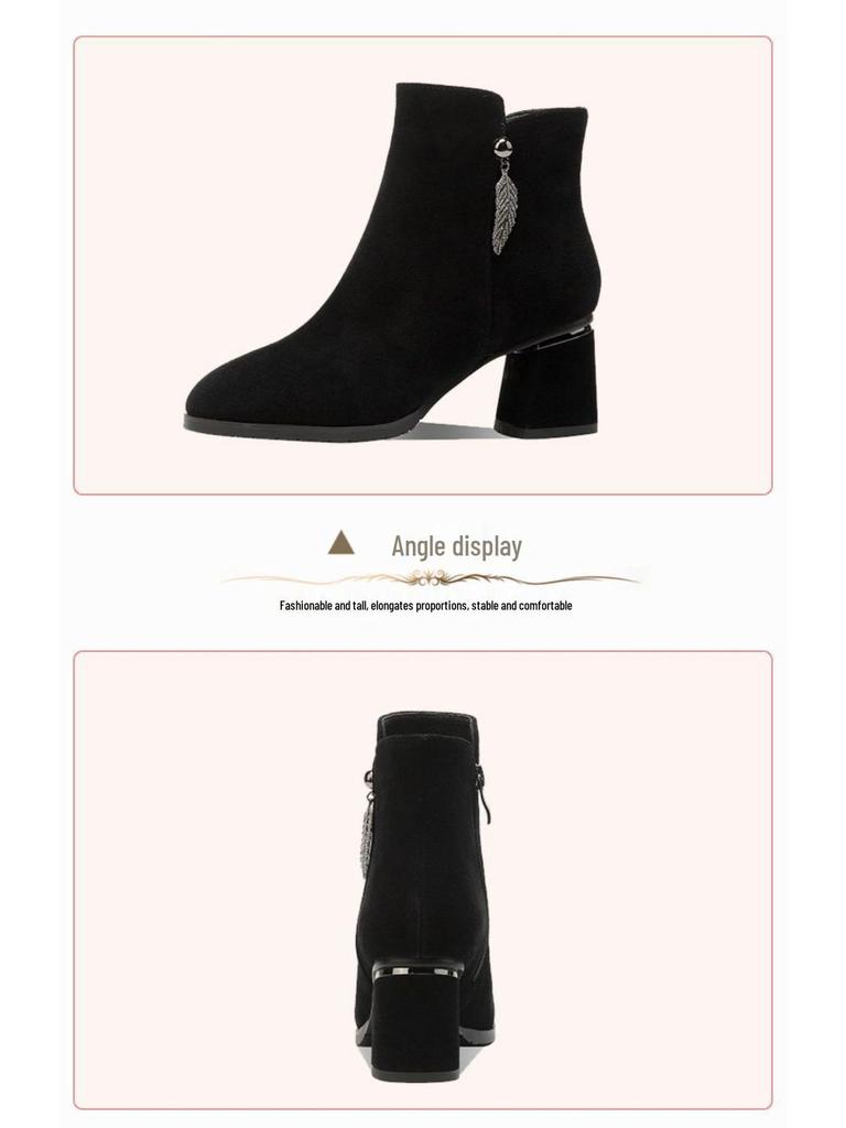2025 Women's Suede Ankle Boots: Spring & Autumn Mid-Chunky Heel, Slimming Round Toe Design