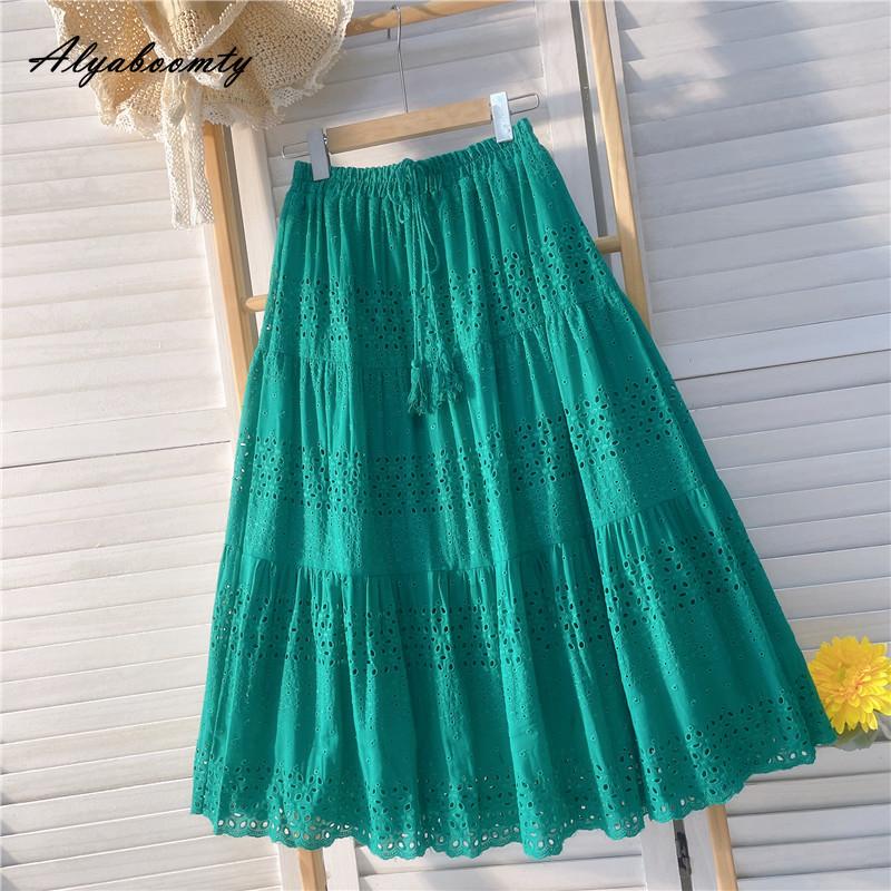 Spring Summer Women Sweet Skirt High Waist Purple Green Drawstring Tassel Skirts Hollow Out Elegant Ladies' Chic Skirts