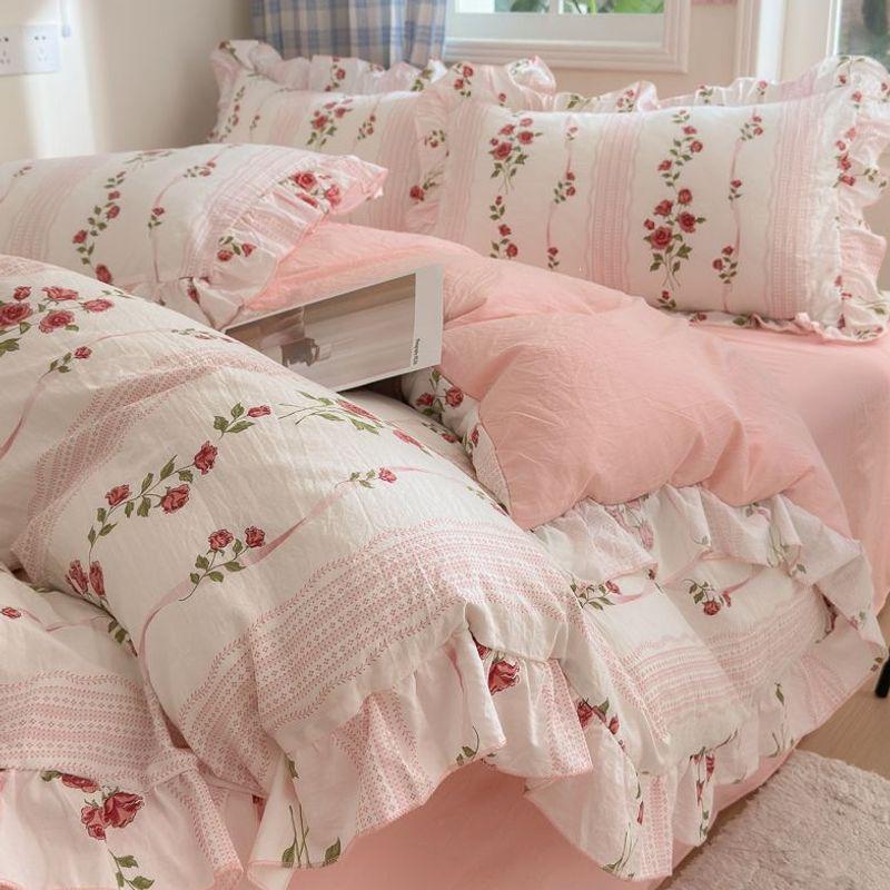Ultra-Soft Double Layer Gauze Princess Style Bed Set: 4-Piece Lace Set with Bed Sheet, Duvet Cover, and Fitted Sheet