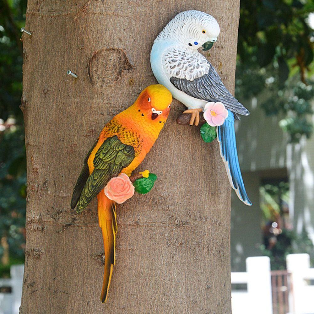 Simulated Animal Sculpture Wall Mounted Bird Figurines Budgerigar Parrot Statue  Flowerpot