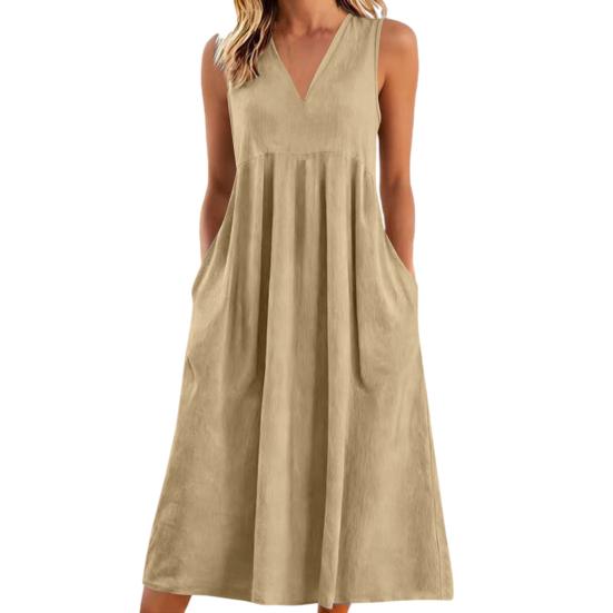 Rochie casual de vară din in pentru femei, fără mâneci, cu decolteu în V, rochie de soare lejeră, croială A, tip maiou, midi, cu buzunar