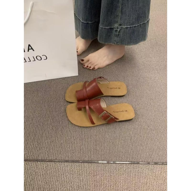 Fashion Slippers New Summer Korean Brown Toe Retraction Flat Shoes Vintage Simple Leather Ladies Women Walking Outdoor Beach Sandals