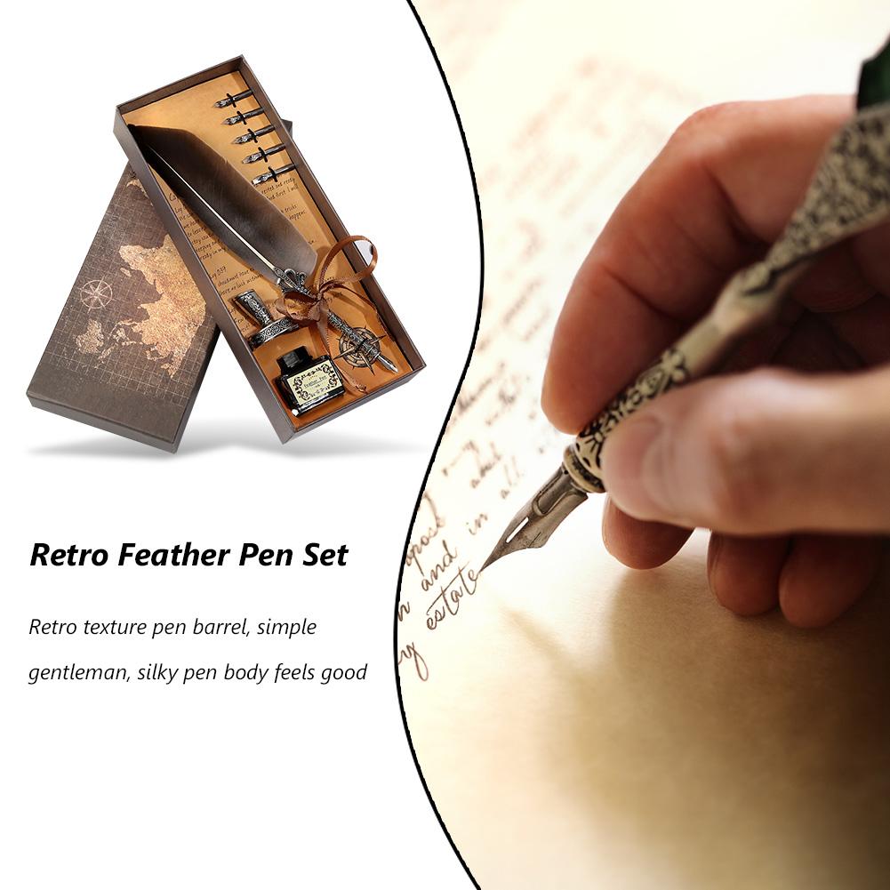 Tinteiro de Pena Caligráfica Retro Conjunto de Tinta para Escrita Papelaria Pena de Ave Pena de Tinta Para Estudante Aniversário Presentes para Professor Ferramentas de Escrita