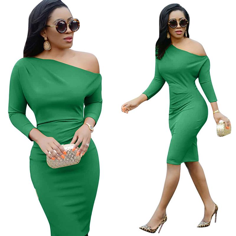 Solid Skew Neck Bodycon Midi Dress 