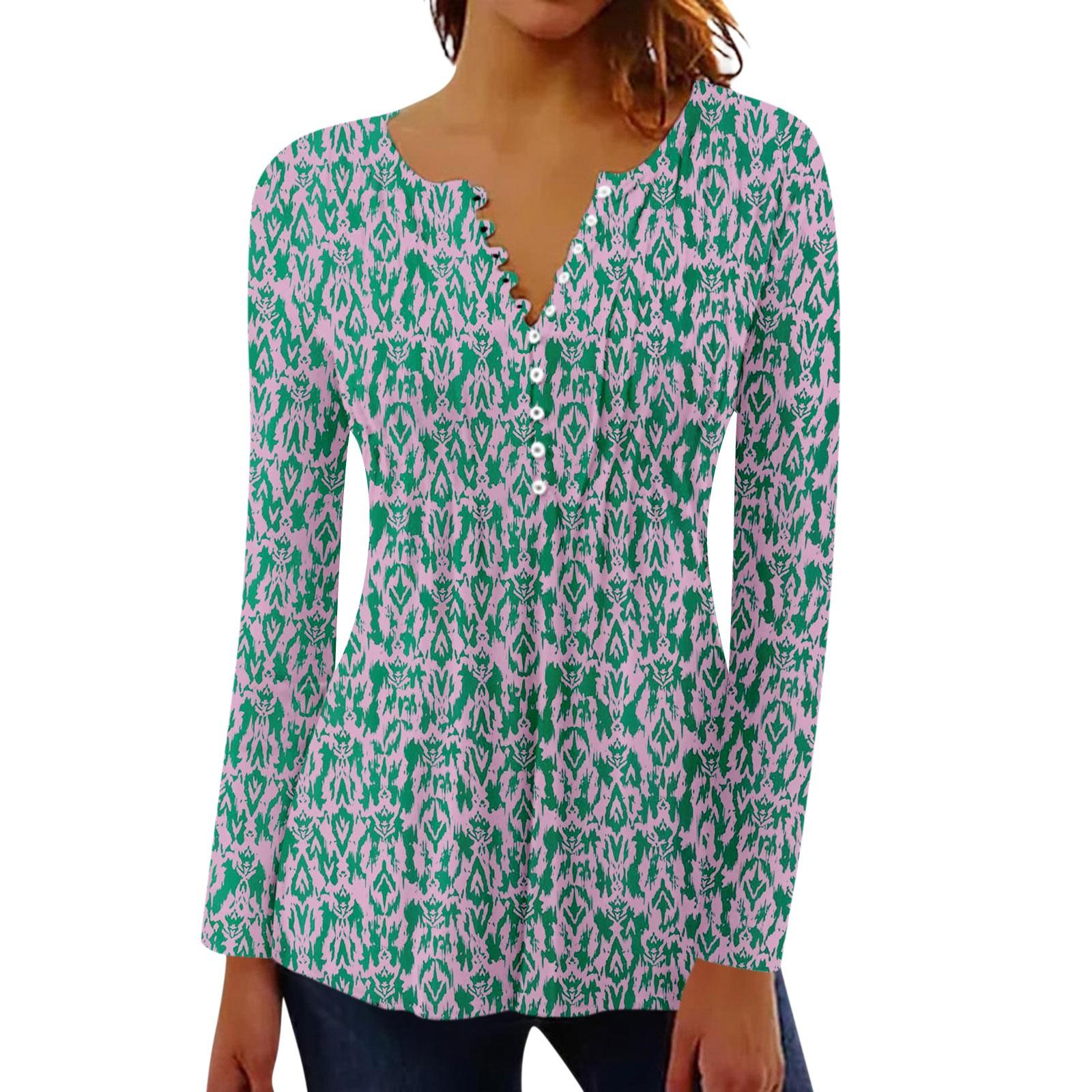 

Women s Pleated Button Retro Floral Print Top L